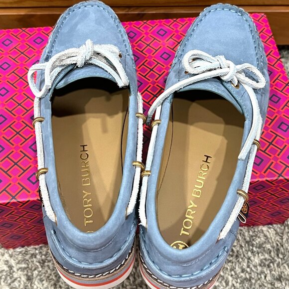 Tory Burch Joey Platform Boat Shoes Nubuck Blue Leather NEW in Box Women's 9.5 - Picture 10 of 14